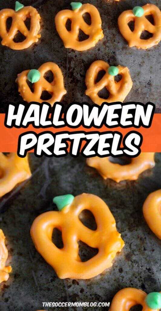 collage of pretzel pumpkins on baking sheet