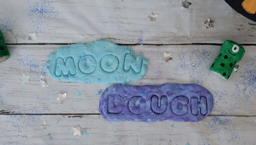 homemade play dough with "moon dough" stamped on it