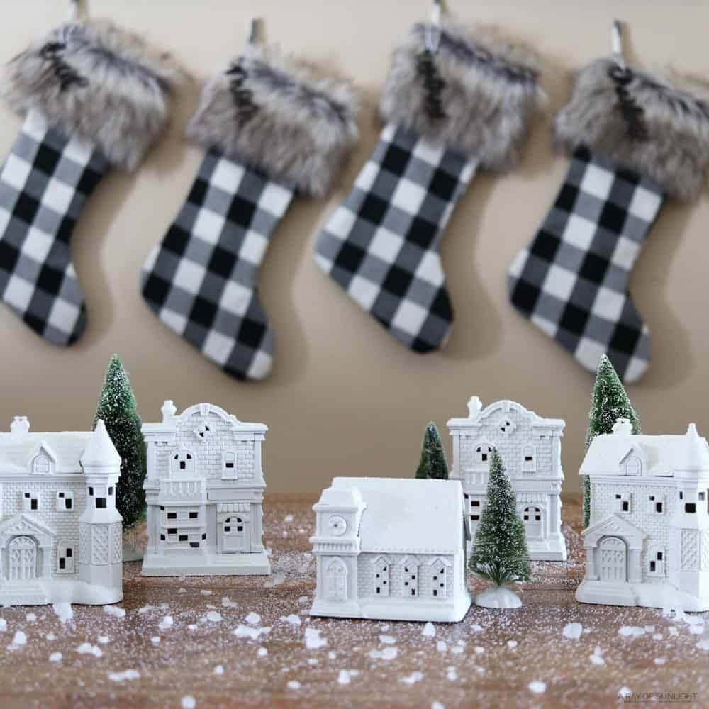 hand painted white Christmas village