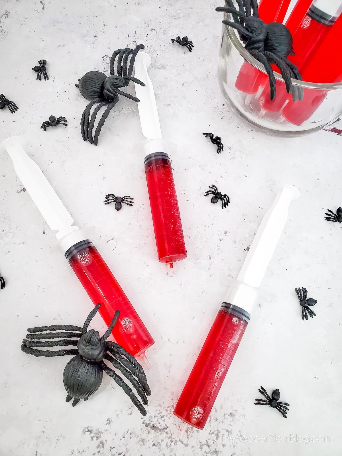 Halloween Jello Shots Syringes filled with red jello