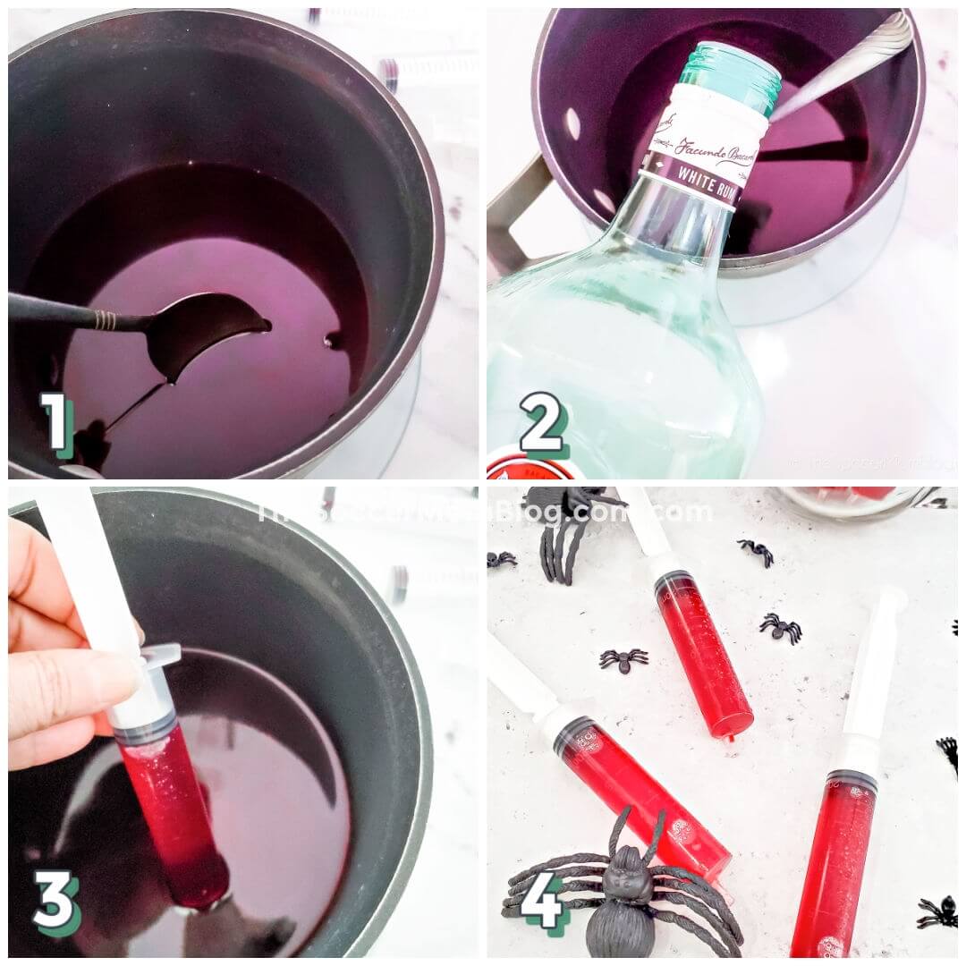 photo step by step collage showing how to make jello shot syringes