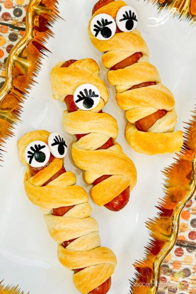Halloween hot dog mummies made with crescent dough