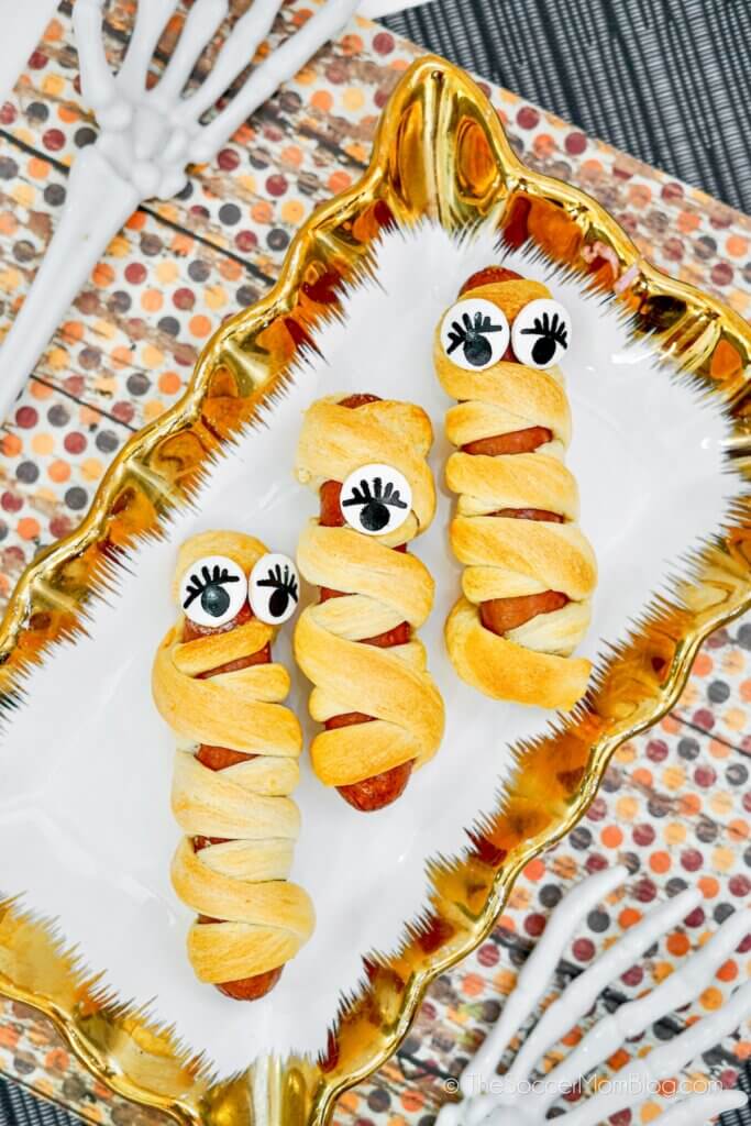 Hot Dog Mummies made with crescent dough and candy eyeballs
