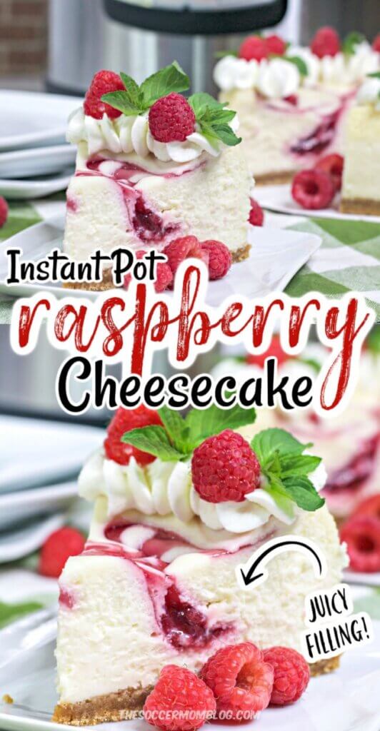 two photos of a slice of raspberry swirl cheesecake and Instant Pot
