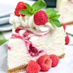 slice of cheesecake with raspberry swirl