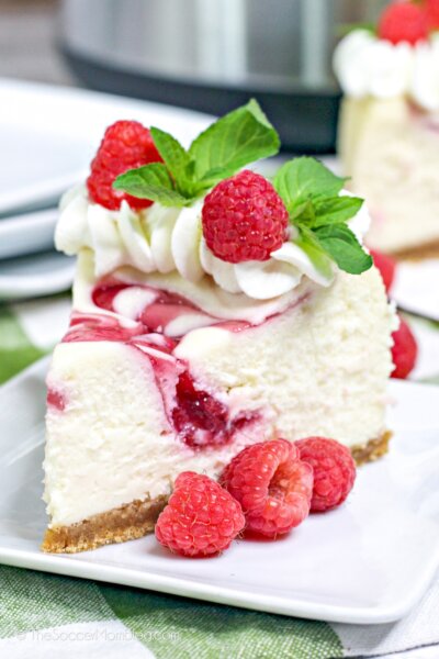 slice of cheesecake with raspberry swirl