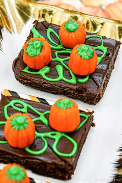 Halloween brownies decorated to look like a pumpkin patch