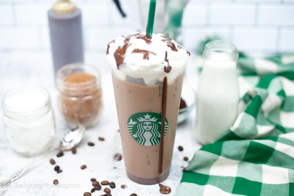 Starbucks inspired iced skinny mocha with whipped cream and chocolate syrup