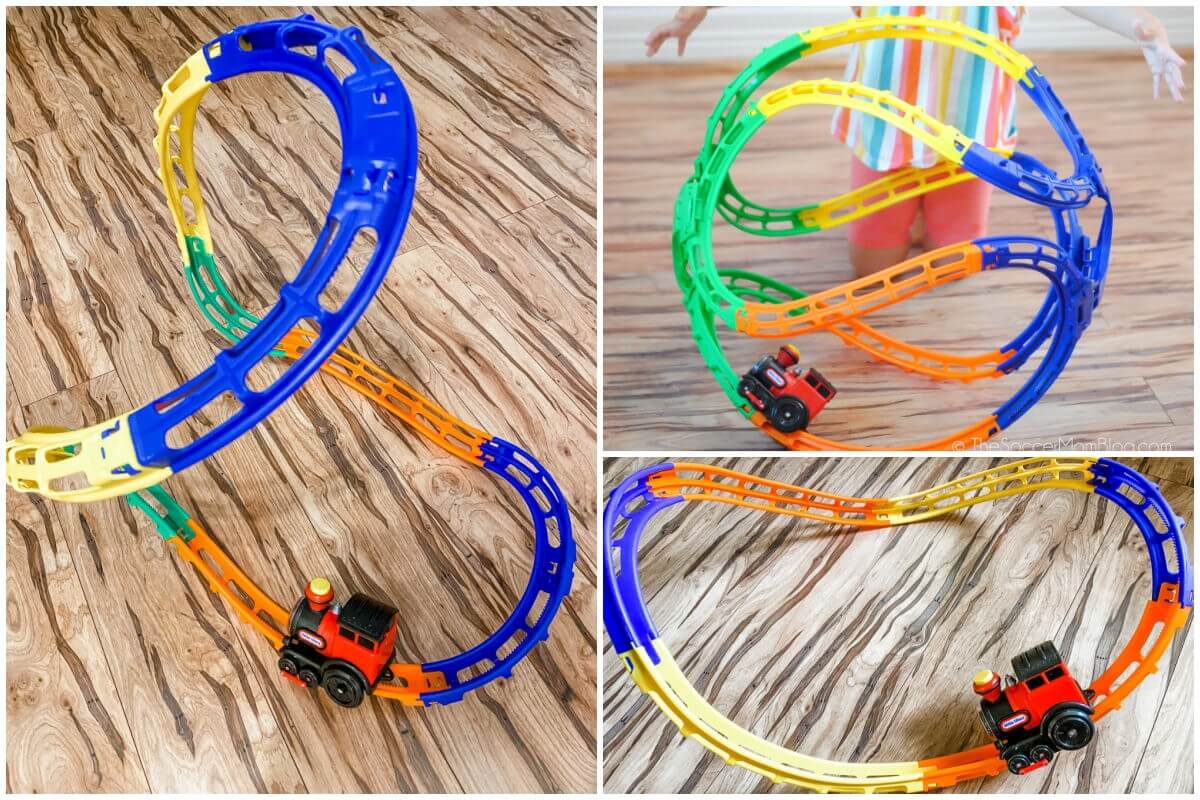 Tumble Train toy with different track setups