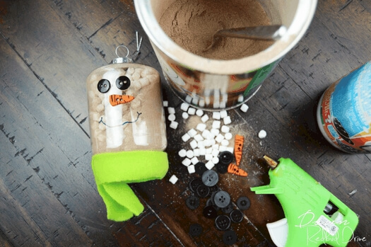 snowman ornament filled with hot cocoa mix