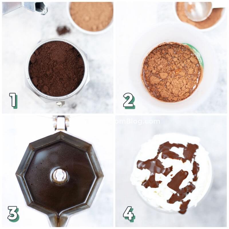 step by step photo collage showing how to make a Starbucks skinny mocha at home