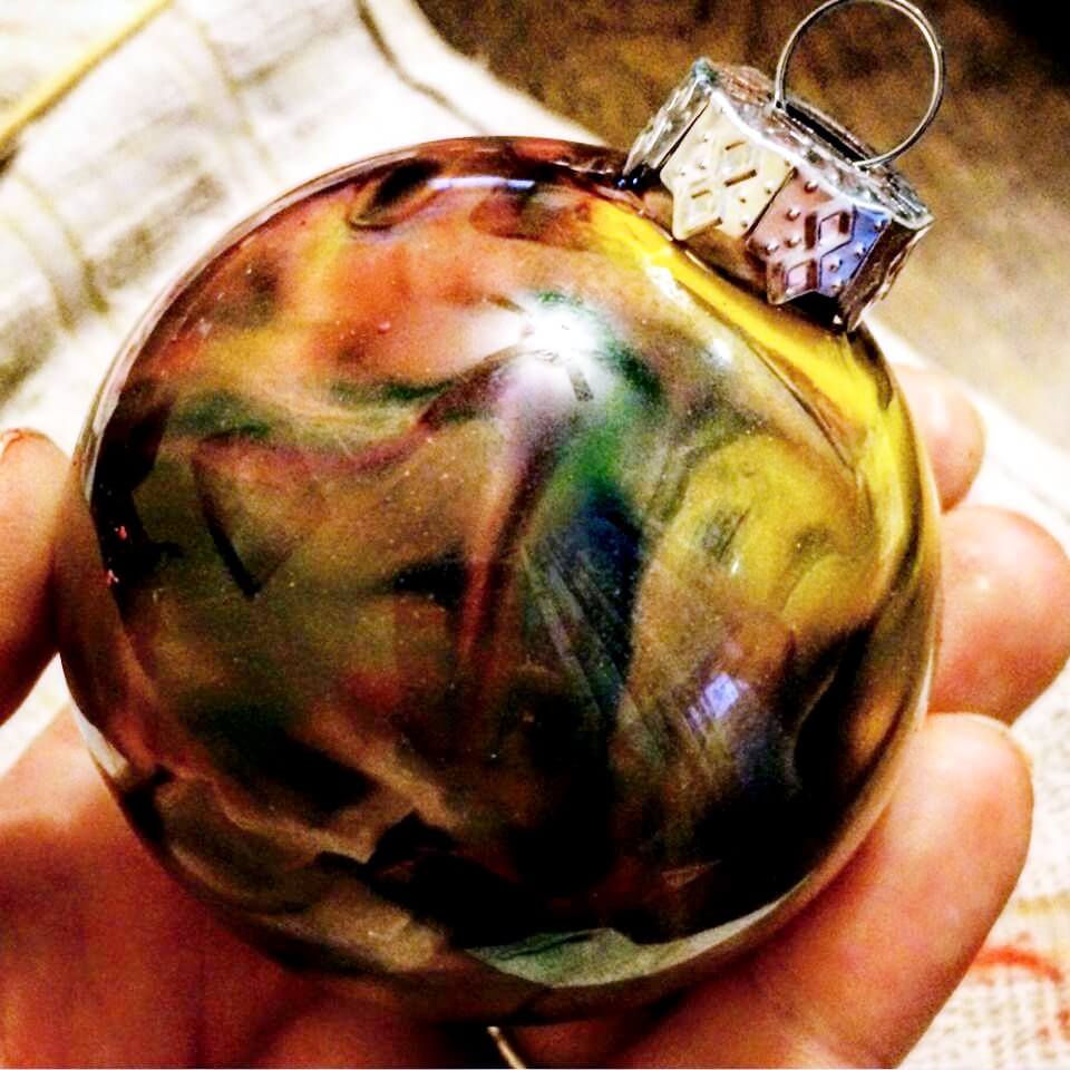 brown and yellow marbled Christmas ornament