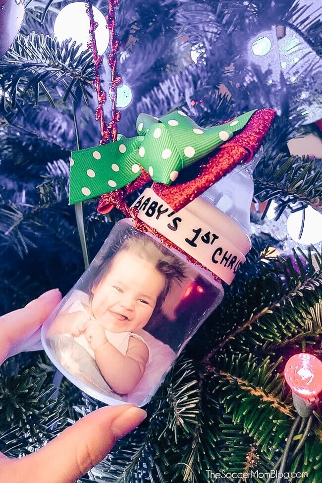 DIY Christmas ornament made from baby bottle and baby photo