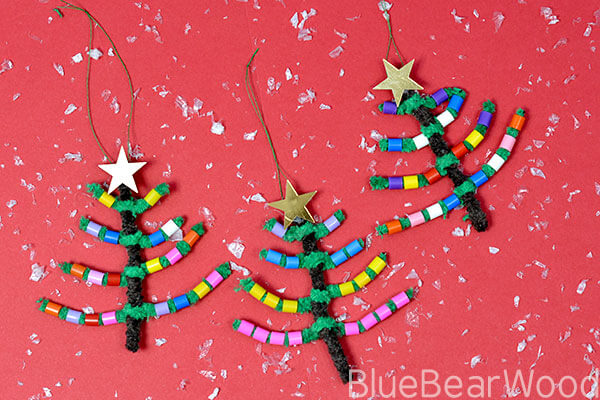 pipe cleaner and beads Christmas tree shaped ornaments