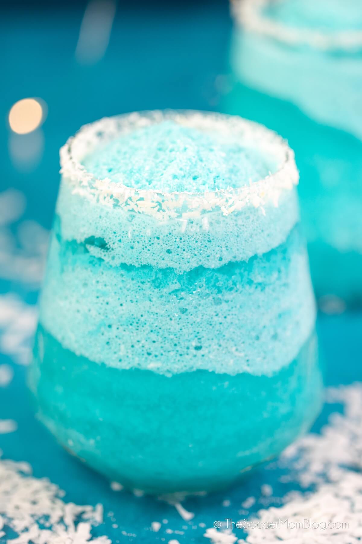 close up of an icy blue Jack Frost cocktail