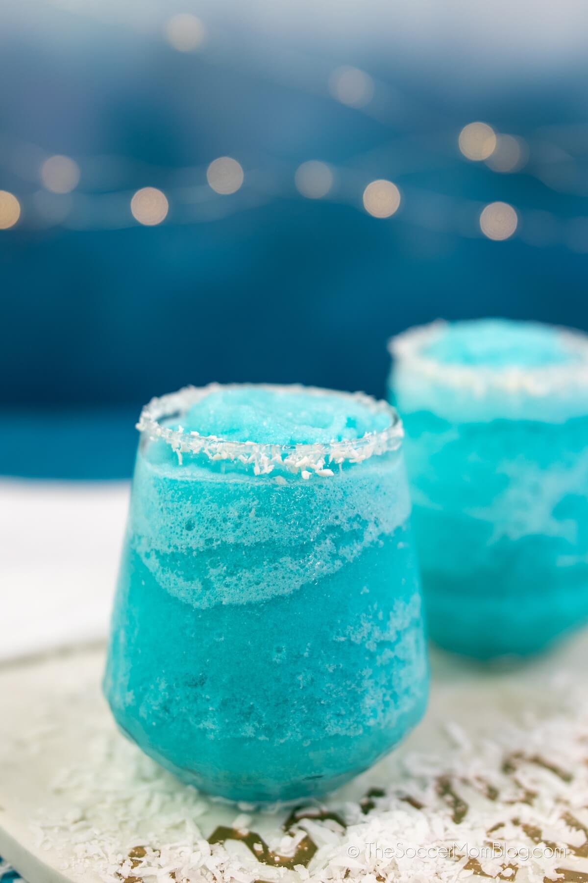 two frozen Jack Frost cocktails, blue in color