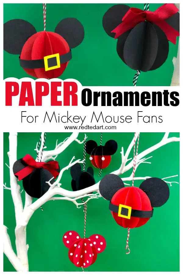 paper ornaments made to look like Mickey & Minnie Mouse ears