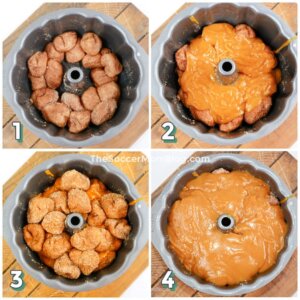 step by step photo collage showing how to layer pumpkin monkey bread in bundt pan
