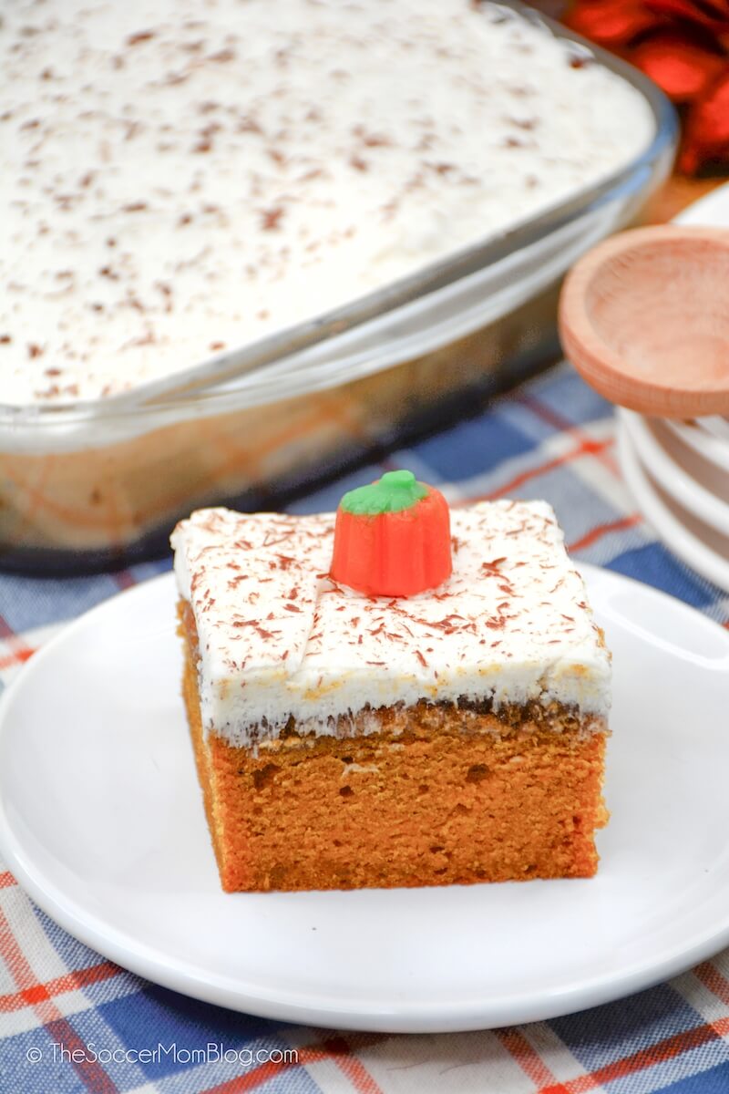 Pumpkin Sheet Cake with cream cheese icing and a candy pumpkin on top