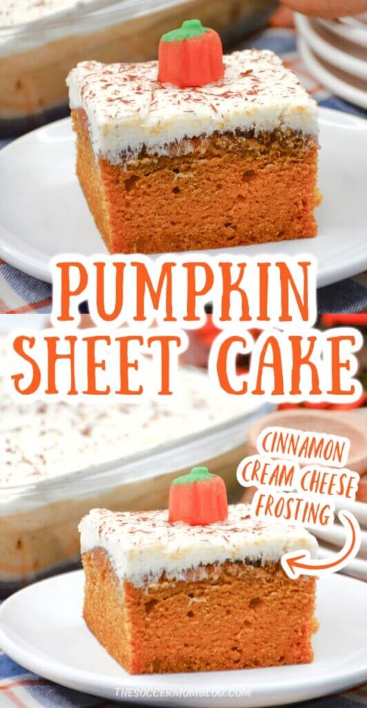 pumpkin sheet cake slices with cream cheese icing and candy pumpkins