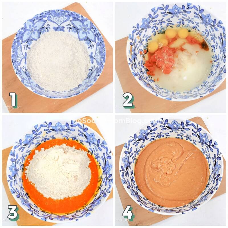 step by step photo collage showing how to mix pumpkin cake batter in bowl