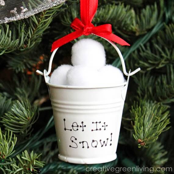 small bucket ornament filled with cotton ball "Snowflakes"