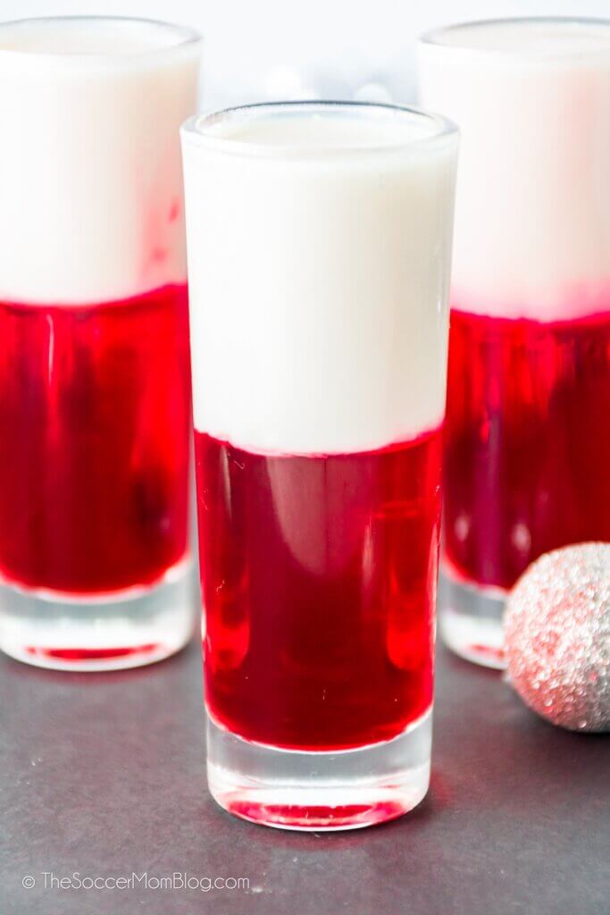 3 red and white layered Santa Shooters Christmas themed shots