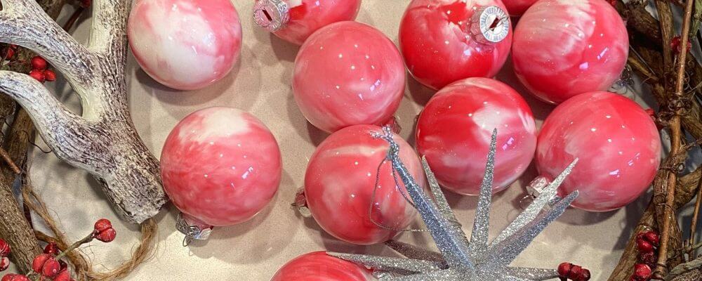 red marbled Christmas ornaments