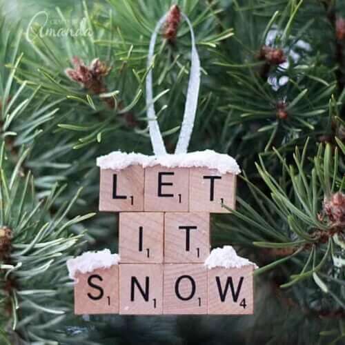 ornament made with Scrabble tiles that spells out "Let it Snow"