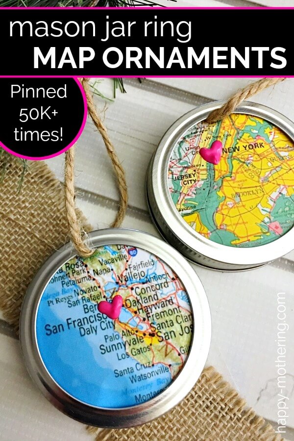 mason jar rings with a map in the middle, made into ornaments