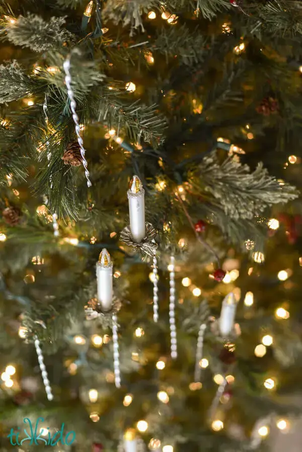 tinsel ornaments with tiny faux candles