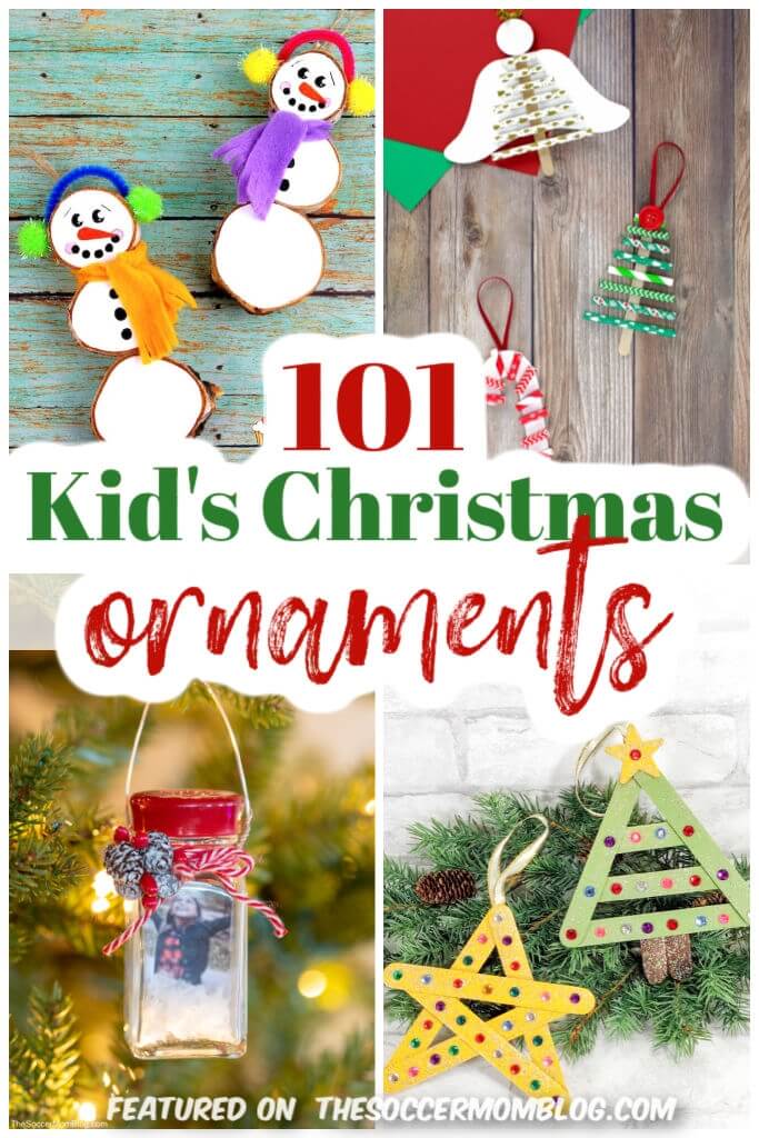 collage showing kid-made Christmas ornaments