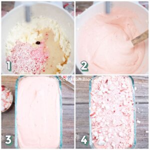 step by step photo collage showing how to make peppermint ice cream