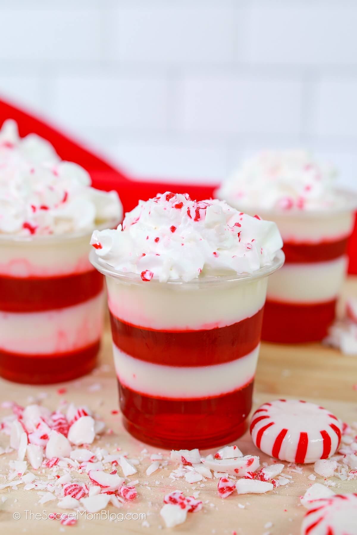 red and white layered "candy cane" jello shots