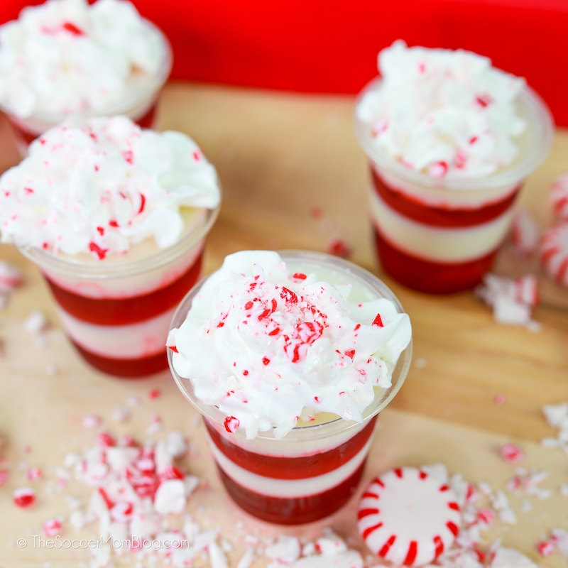 red and white layered candy cane jello shots with whipped cream