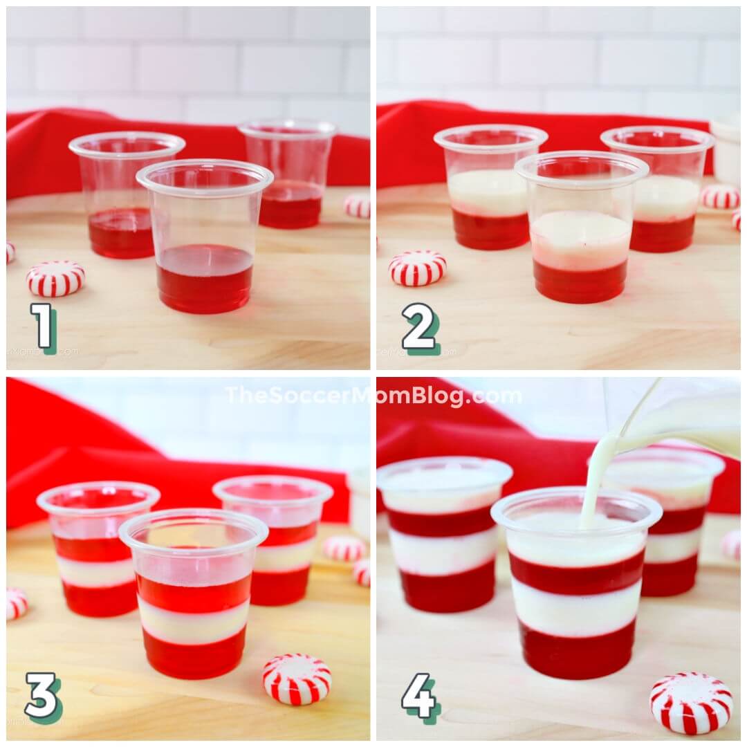step by step photo collage showing how to layer candy cane jello shots