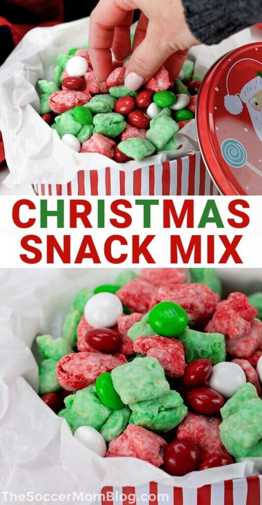 2 photo vertical collage of Christmas snack mix, with text overlay of recipe name