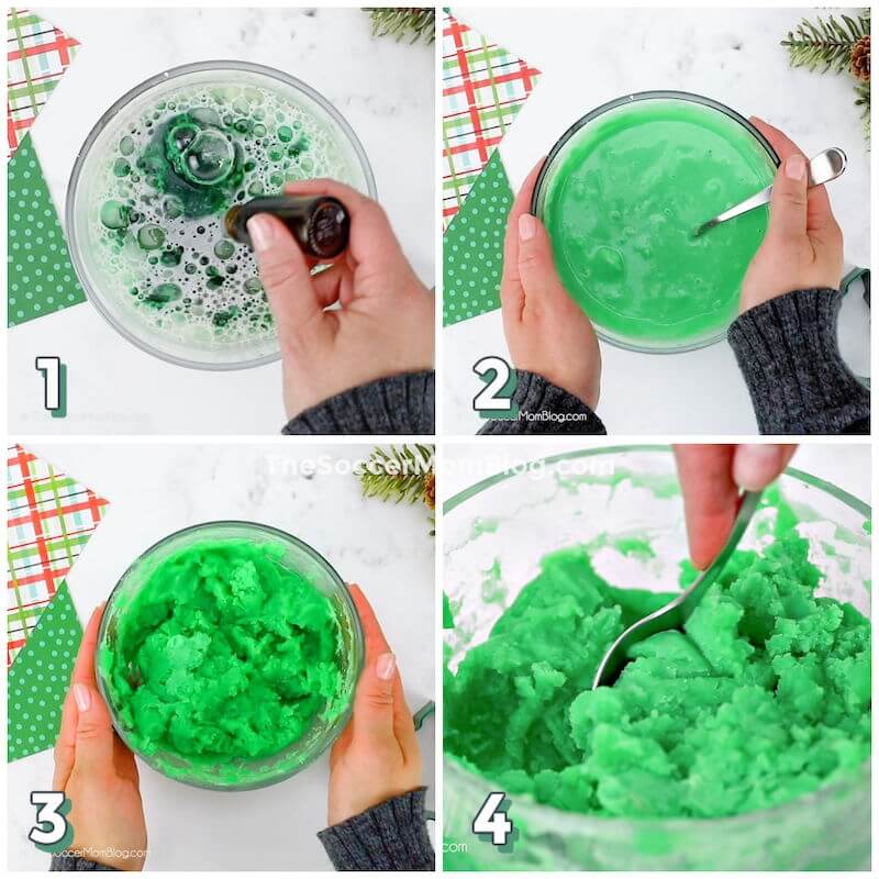 step by step photo collage showing how to make pine tree scented playdough