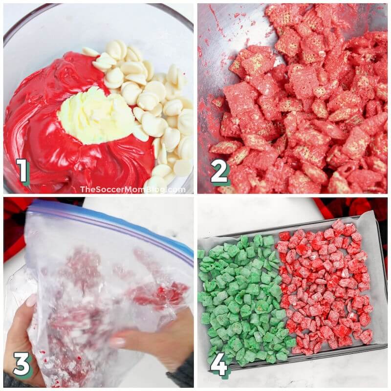 4 step photo collage showing how to make red and green snack mix