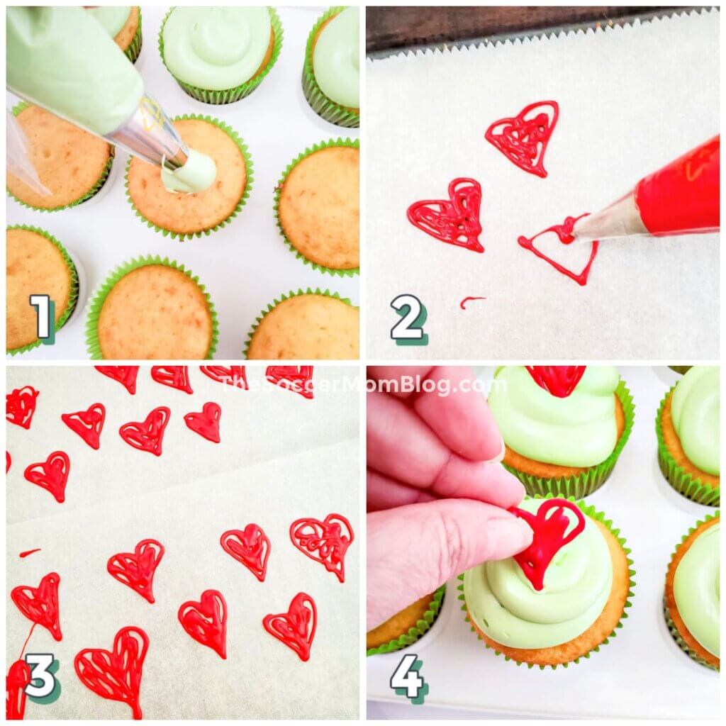 step by step photo collage showing how to make red candy hearts for cupcakes