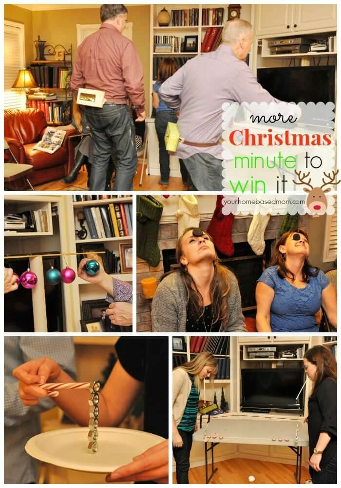 collage of photos of family playing minute to win it games