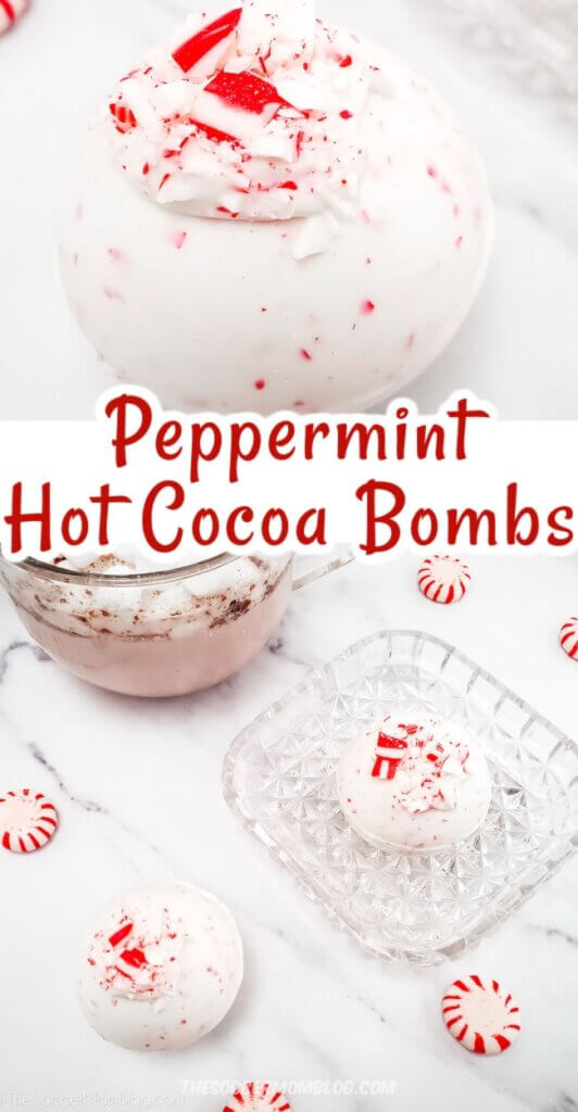 candy cane cocoa bombs - 2 photos with text overlay "Peppermint Hot Cocoa Bombs"