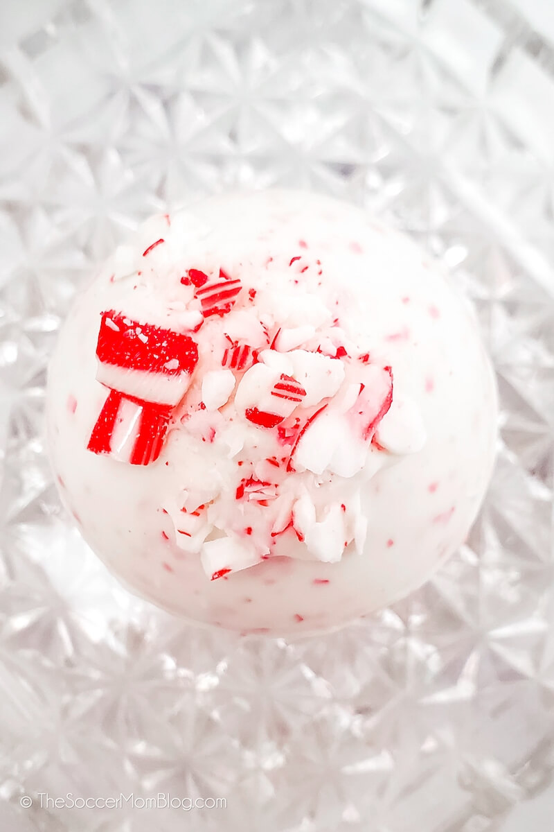 Close up of a Peppermint hot cocoa bomb, top down shot