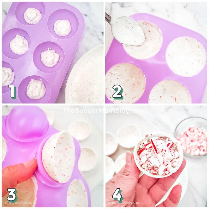 step by step photo collage showing how to make peppermint cocoa bombs candy shells