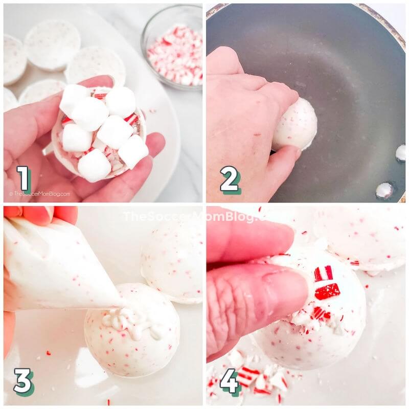 step by step photo collage showing how to make candy cane cocoa bombs