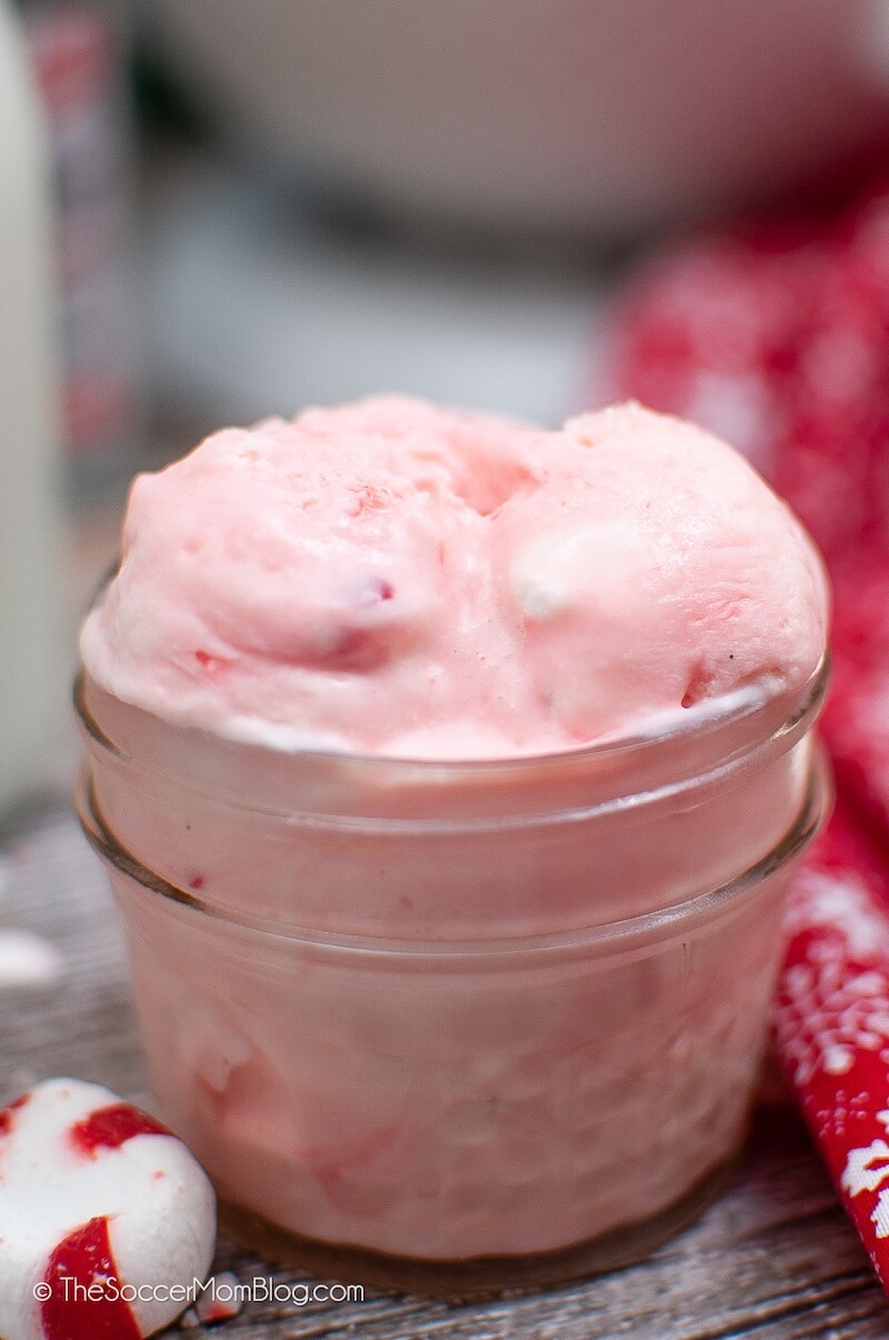 homemade pink Peppermint Ice Cream served in a jar