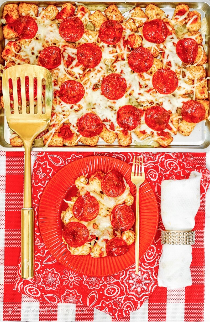 Pizza Tater Tots Bake on a table with a place setting