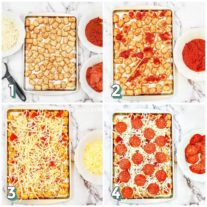 step by step photo collage showing how to make pizza with tater tots