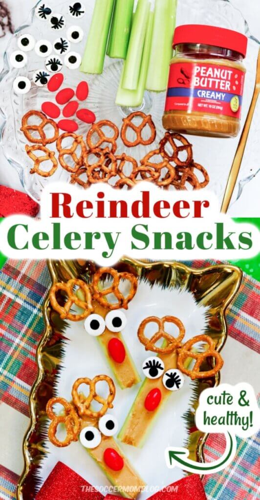 celery snacks for kids decorated to look like reindeer