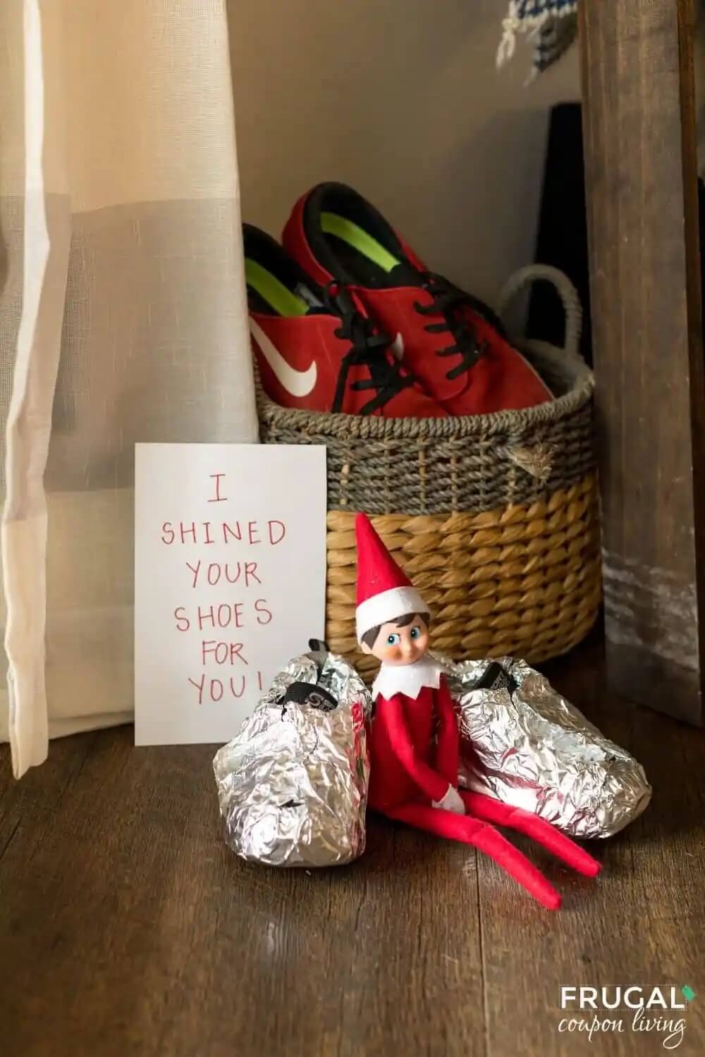 Elf on the Shelf with shoes made from aluminum foil.
